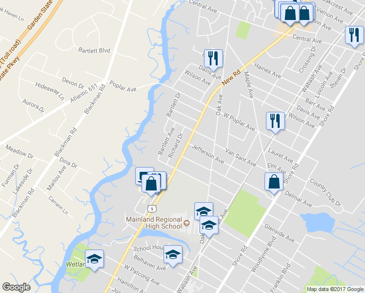 map of restaurants, bars, coffee shops, grocery stores, and more near 1009 New Road in Linwood