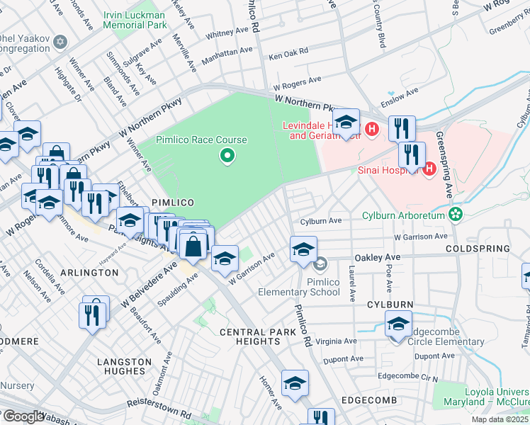 map of restaurants, bars, coffee shops, grocery stores, and more near 5118 Pembridge Avenue in Baltimore