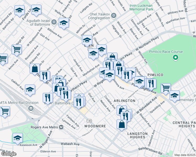 map of restaurants, bars, coffee shops, grocery stores, and more near 5501 Narcissus Avenue in Baltimore