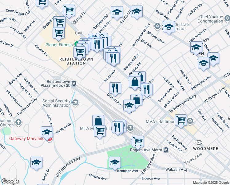 map of restaurants, bars, coffee shops, grocery stores, and more near 6101 Oakleaf Avenue in Baltimore