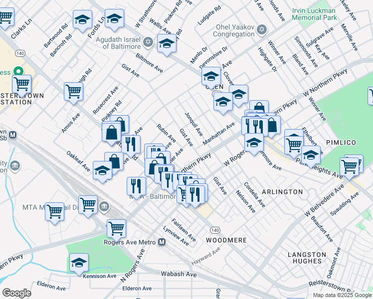 map of restaurants, bars, coffee shops, grocery stores, and more near 3901 Mortimer Avenue in Baltimore