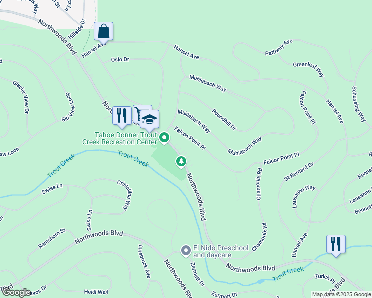 map of restaurants, bars, coffee shops, grocery stores, and more near 12545 Northwoods Boulevard in Truckee