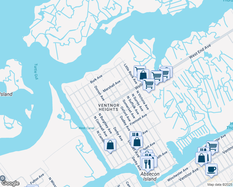 map of restaurants, bars, coffee shops, grocery stores, and more near 705 North Oxford Avenue in Ventnor City
