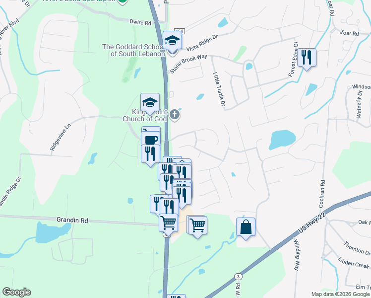 map of restaurants, bars, coffee shops, grocery stores, and more near 75 Rollingwood Drive in Maineville