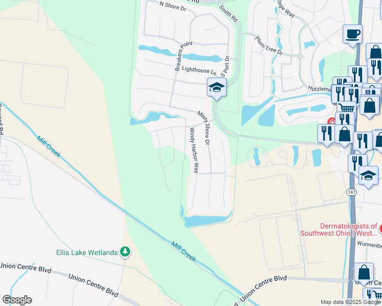 map of restaurants, bars, coffee shops, grocery stores, and more near 8235 Windy Harbor Way in Butler County