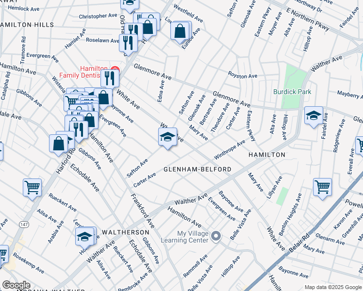map of restaurants, bars, coffee shops, grocery stores, and more near 3401 White Avenue in Baltimore