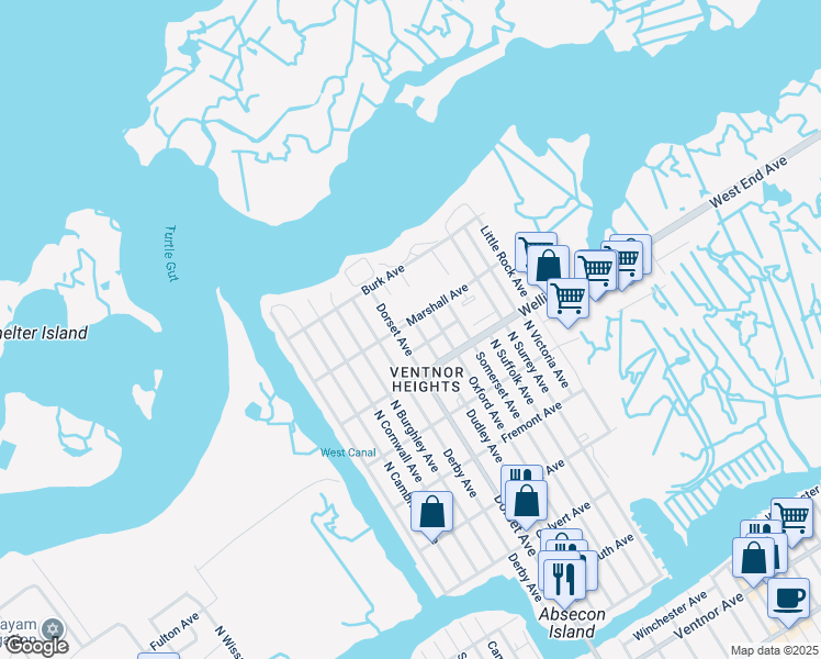 map of restaurants, bars, coffee shops, grocery stores, and more near 709 North Dorset Avenue in Ventnor City