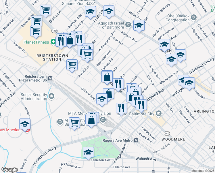 map of restaurants, bars, coffee shops, grocery stores, and more near 5900 Reisterstown Road in Baltimore