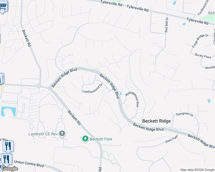 map of restaurants, bars, coffee shops, grocery stores, and more near 5412 Leaf Back Drive in Beckett Ridge
