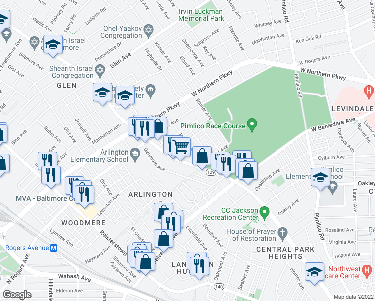 map of restaurants, bars, coffee shops, grocery stores, and more near 3401 Court Street in Baltimore
