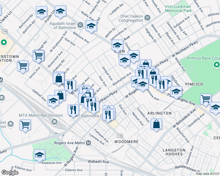 map of restaurants, bars, coffee shops, grocery stores, and more near 5539 Gist Avenue in Baltimore