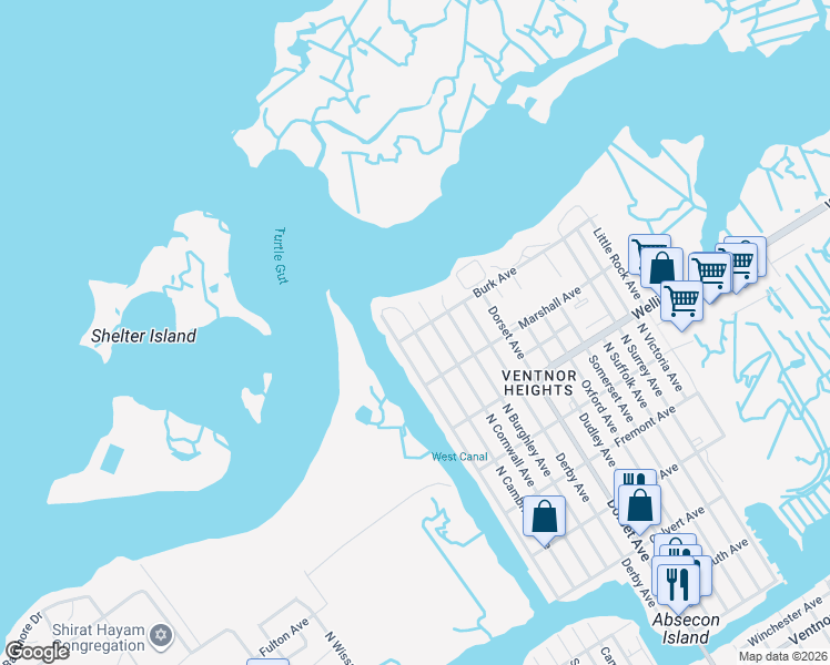 map of restaurants, bars, coffee shops, grocery stores, and more near 900 Cambridge Avenue in Ventnor City