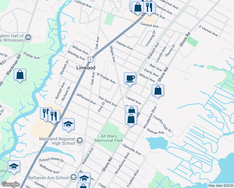 map of restaurants, bars, coffee shops, grocery stores, and more near 920 Oak Grove Avenue in Linwood