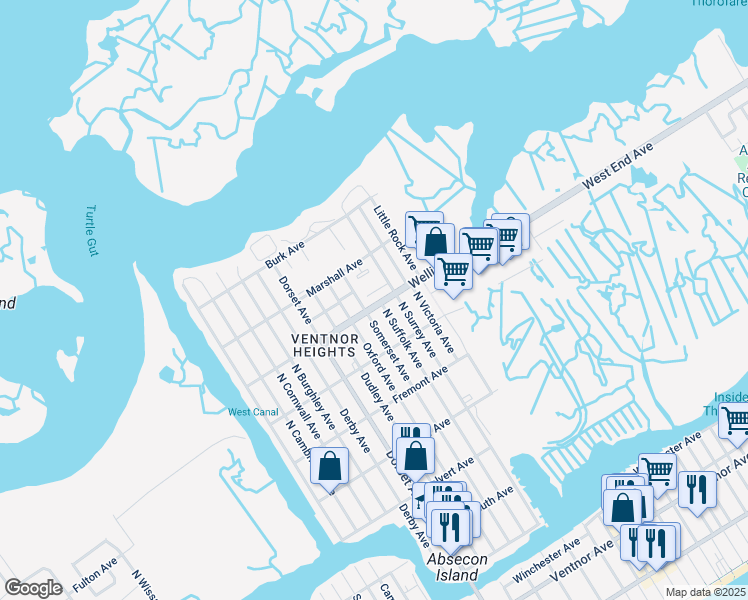 map of restaurants, bars, coffee shops, grocery stores, and more near 5515 Wellington Avenue in Ventnor City