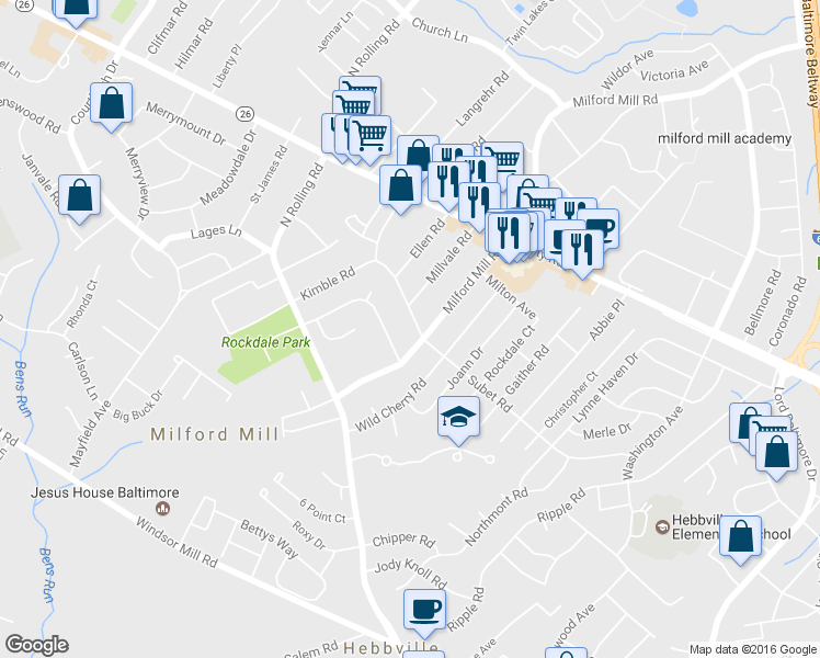 map of restaurants, bars, coffee shops, grocery stores, and more near 8103 Subet Road in Milford Mill