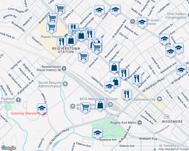 map of restaurants, bars, coffee shops, grocery stores, and more near 6105 Oakleaf Avenue in Baltimore