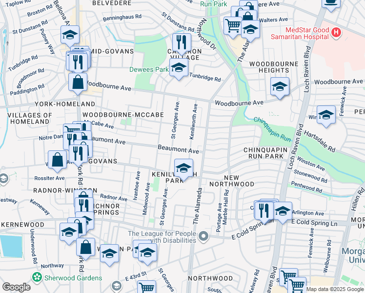 map of restaurants, bars, coffee shops, grocery stores, and more near 1008 Beaumont Avenue in Baltimore