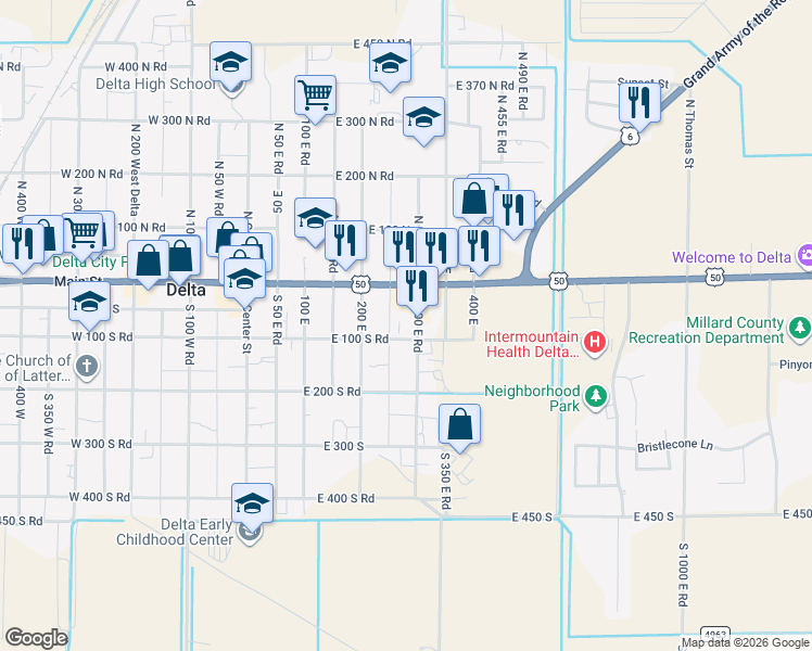 map of restaurants, bars, coffee shops, grocery stores, and more near 86 South 300 East in Delta