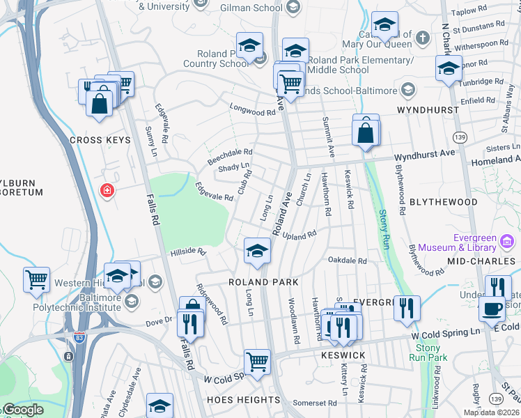 map of restaurants, bars, coffee shops, grocery stores, and more near 4 Upland Road in Baltimore