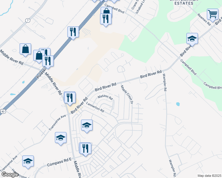 map of restaurants, bars, coffee shops, grocery stores, and more near 9773 Bird River Road in Middle River