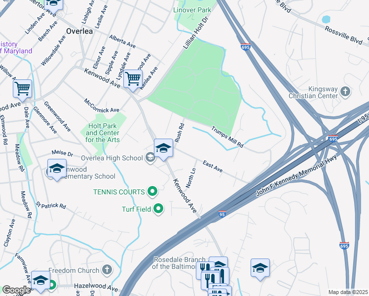 map of restaurants, bars, coffee shops, grocery stores, and more near 5504 East Avenue in Baltimore