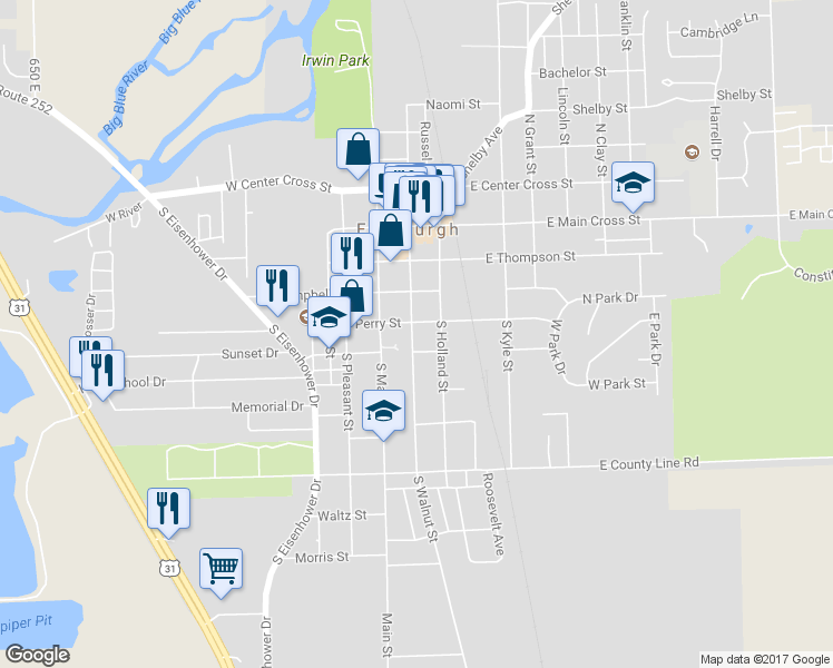 map of restaurants, bars, coffee shops, grocery stores, and more near 403 South Walnut Street in Edinburgh