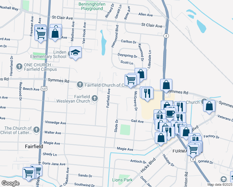 map of restaurants, bars, coffee shops, grocery stores, and more near 898 Linwood Avenue in Fairfield