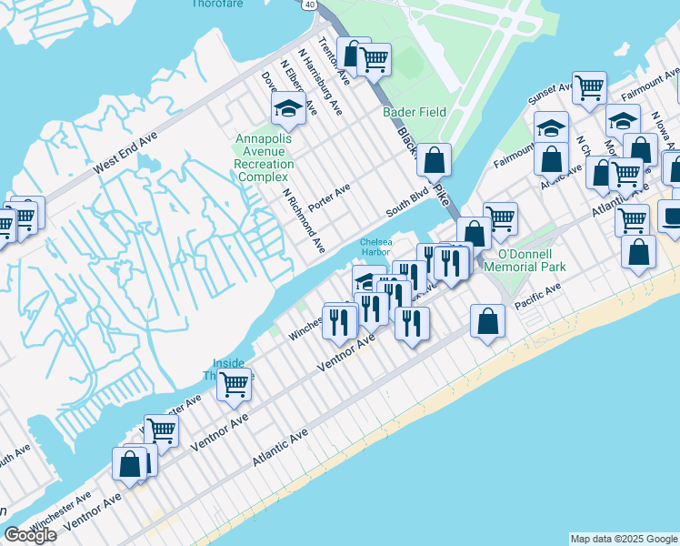 map of restaurants, bars, coffee shops, grocery stores, and more near 4131 Sunset Avenue in Atlantic City