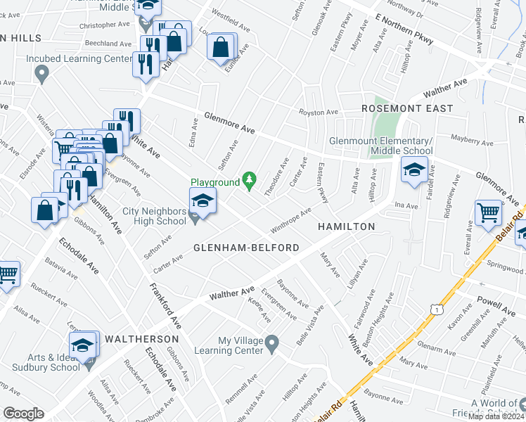 map of restaurants, bars, coffee shops, grocery stores, and more near 3501 Mary Avenue in Baltimore