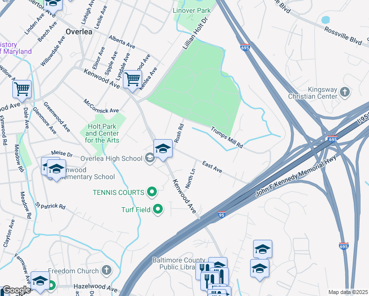 map of restaurants, bars, coffee shops, grocery stores, and more near 5504 East Avenue in Baltimore