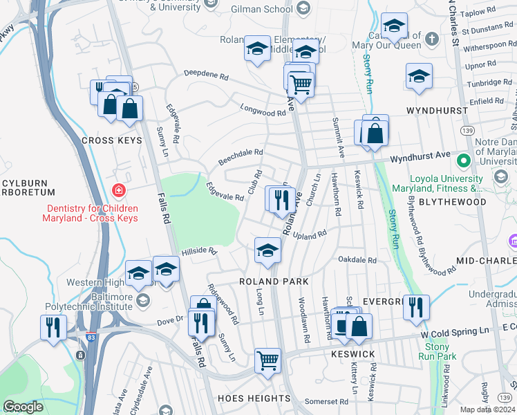 map of restaurants, bars, coffee shops, grocery stores, and more near 6 Upland Road in Baltimore