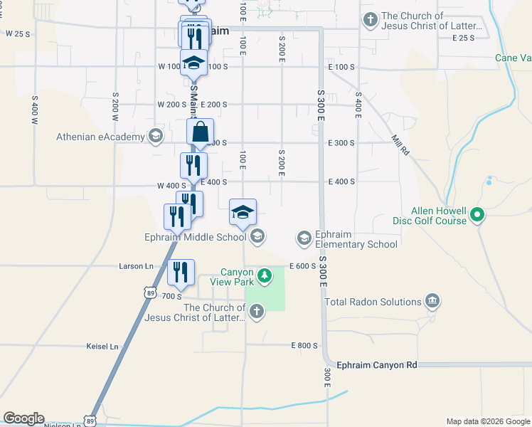map of restaurants, bars, coffee shops, grocery stores, and more near East 480 South in Ephraim