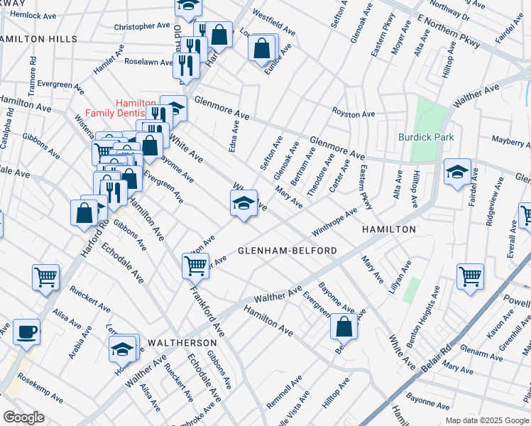 map of restaurants, bars, coffee shops, grocery stores, and more near 3401 White Avenue in Baltimore