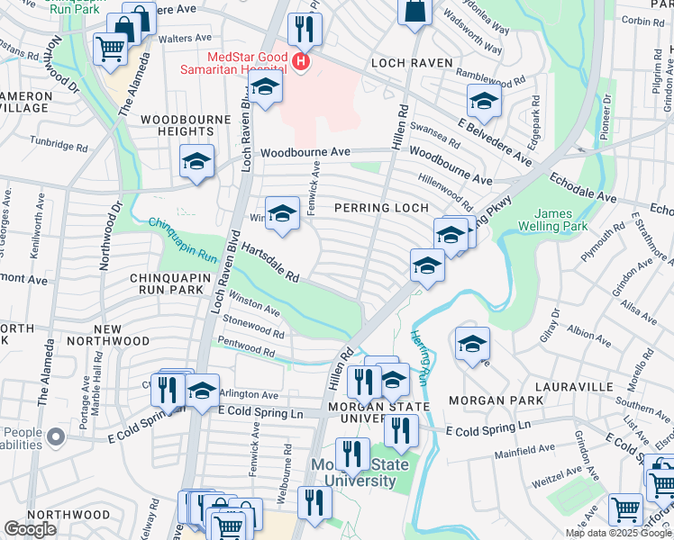 map of restaurants, bars, coffee shops, grocery stores, and more near 1623 Ingram Road in Baltimore