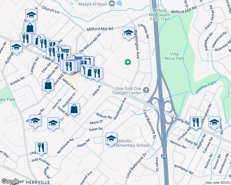 map of restaurants, bars, coffee shops, grocery stores, and more near 7911 Maryland 26 in Milford Mill