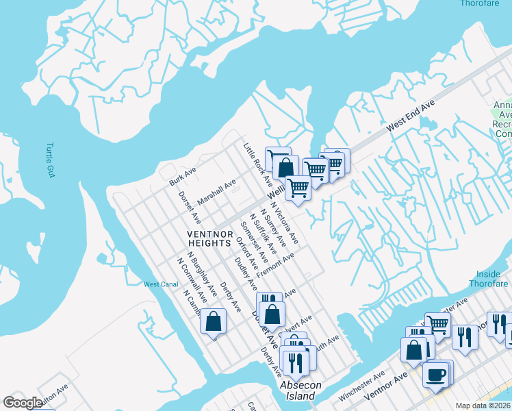 map of restaurants, bars, coffee shops, grocery stores, and more near 611 North Surrey Avenue in Ventnor City