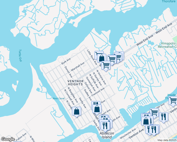 map of restaurants, bars, coffee shops, grocery stores, and more near 5515 Wellington Avenue in Ventnor City