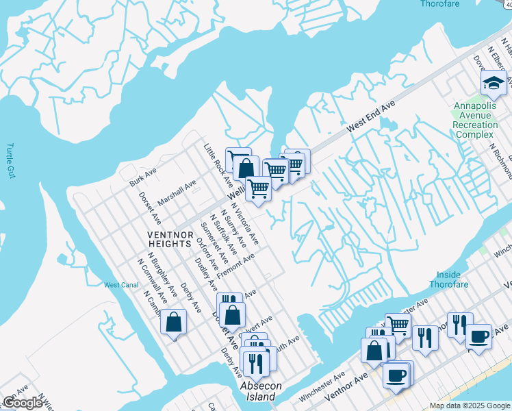 map of restaurants, bars, coffee shops, grocery stores, and more near 5044 Wellington Avenue in Ventnor City