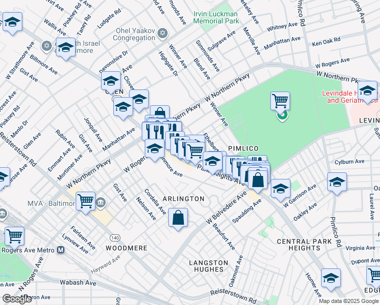 map of restaurants, bars, coffee shops, grocery stores, and more near 5410 Clover Road in Baltimore