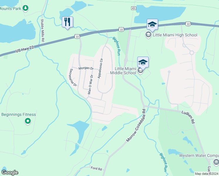 map of restaurants, bars, coffee shops, grocery stores, and more near 5490 Appaloosa Circle in Morrow