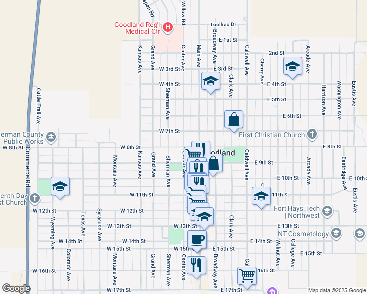map of restaurants, bars, coffee shops, grocery stores, and more near 201 West 8th Street in Goodland