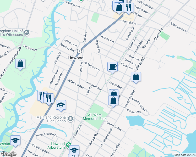 map of restaurants, bars, coffee shops, grocery stores, and more near 920 Oak Grove Avenue in Linwood