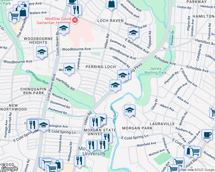 map of restaurants, bars, coffee shops, grocery stores, and more near 1909 Heathfield Rd in Baltimore