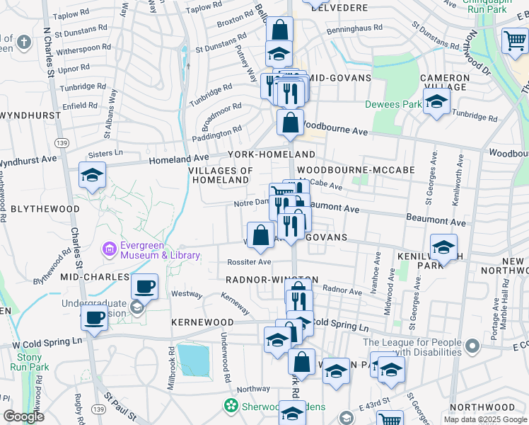 map of restaurants, bars, coffee shops, grocery stores, and more near 431 Notre Dame Lane in Baltimore