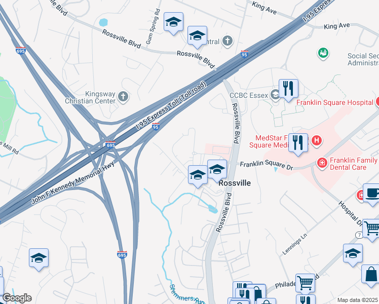 map of restaurants, bars, coffee shops, grocery stores, and more near 8501 Franklin Square Drive in Baltimore
