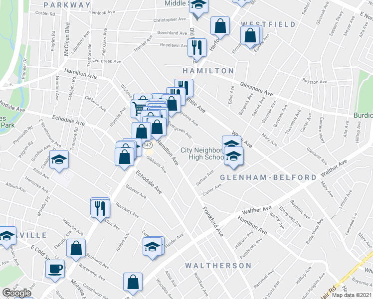 map of restaurants, bars, coffee shops, grocery stores, and more near 5510 Edna Avenue in Baltimore