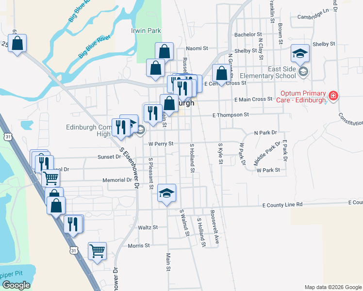 map of restaurants, bars, coffee shops, grocery stores, and more near 403 South Walnut Street in Edinburgh