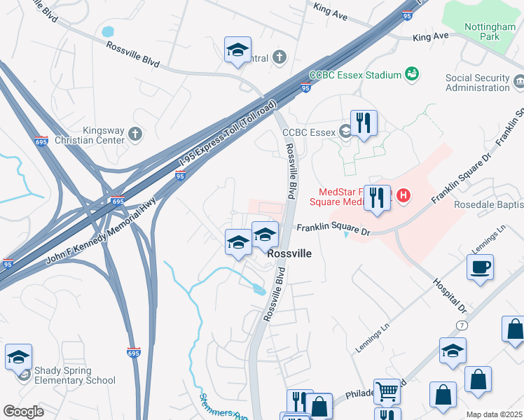 map of restaurants, bars, coffee shops, grocery stores, and more near 7106 Ridge Road in Rosedale