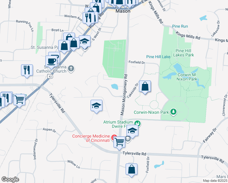 map of restaurants, bars, coffee shops, grocery stores, and more near 5058 Lakeside Drive in Mason