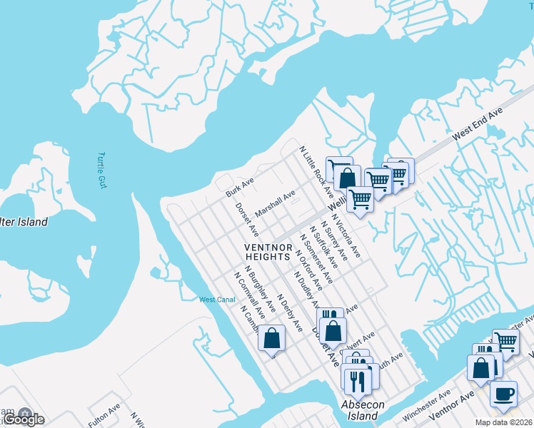 map of restaurants, bars, coffee shops, grocery stores, and more near 705-709 North Dudley Avenue in Ventnor City